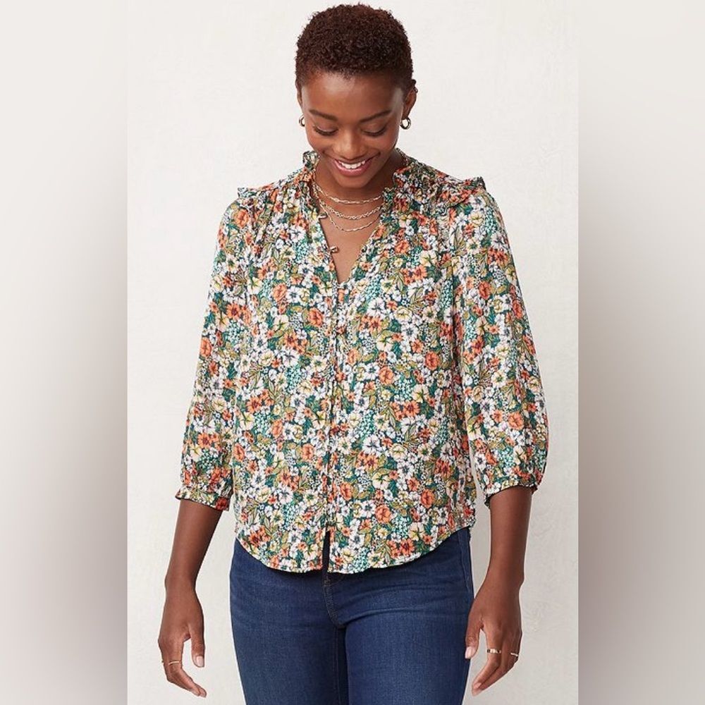 LC Lauren Conrad Floral Button Front Ruffle 3/4 Sleeve Blouse